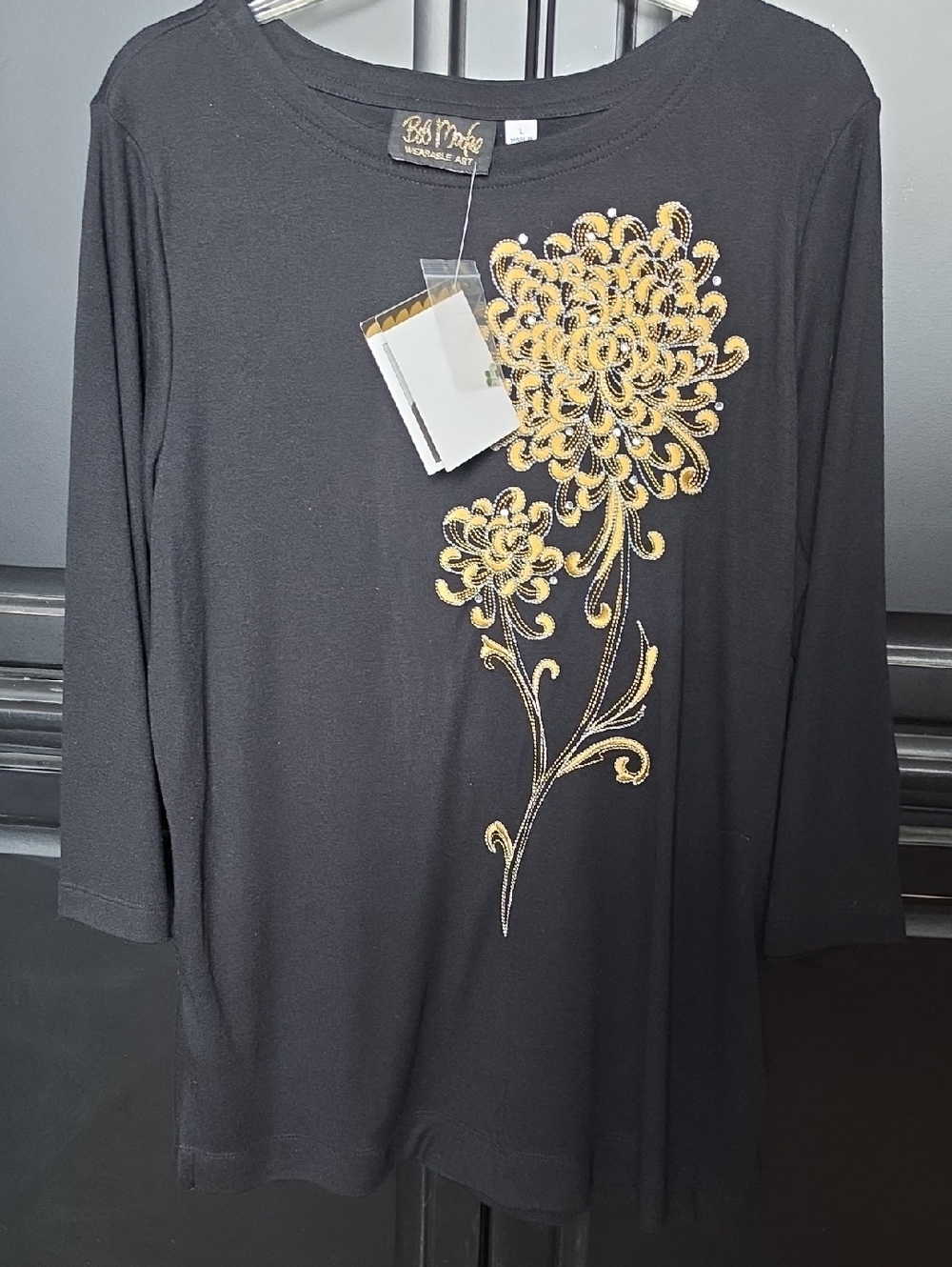 Bob Mackie Black Tunic with Gold Floral Embellishment